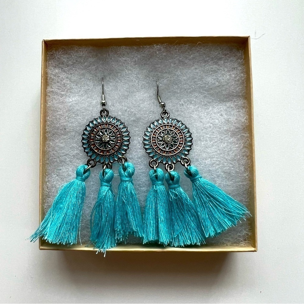 Blue Tassel Boho Flower Rarrings